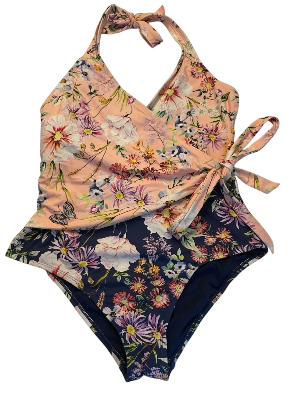 Freshwater Pink & Navy Floral Wrap Halter Top One-Piece Swimsuit sz Large